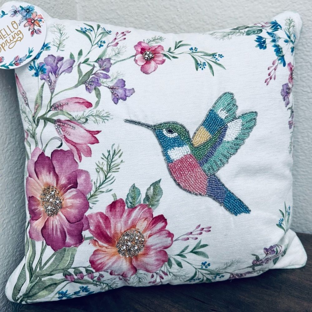 Hummingbird Beaded Floral Luxury Easter Throw Pillow